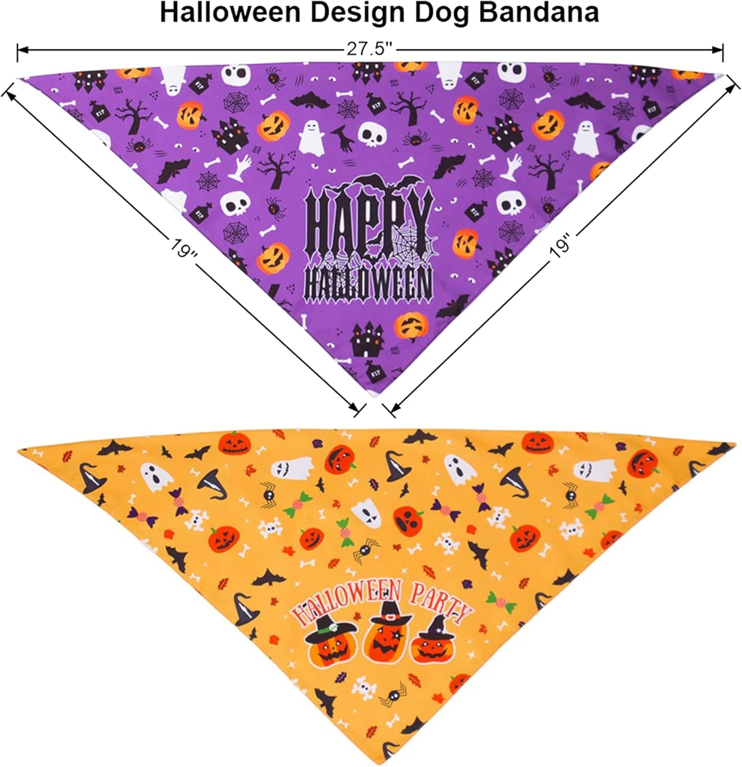 2 Pack Halloween Dog Bandana, Reversible Triangle Dog Scarf Accessories Halloween Bandanas for Small Medium Large Dogs Pets (Purple & Yellow)